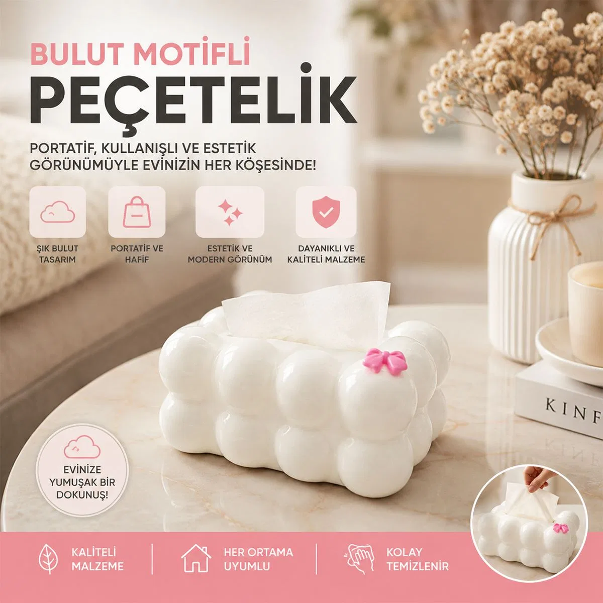 Beyaz Bulut Masaüstü Peçetelik - Yaylı Dekoratif Peçete Tutucu 19x12. 5x8. 5 cm