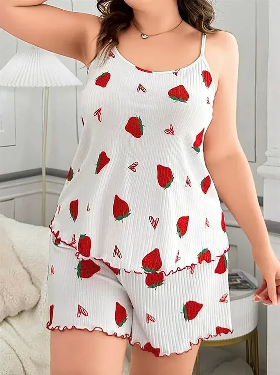 Büyük Beden Çilek Desen Pamuklu Şortlu Pijama Takımı