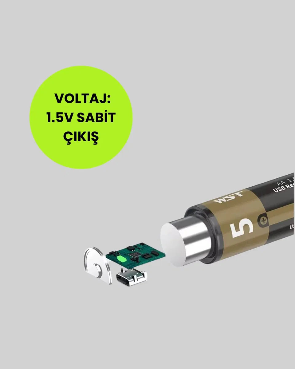 USB Type-C Girişli Şarjlı AA Lityum Pil | 1. 5V Sabit Çıkış | 3200mWh (2'li Paket)