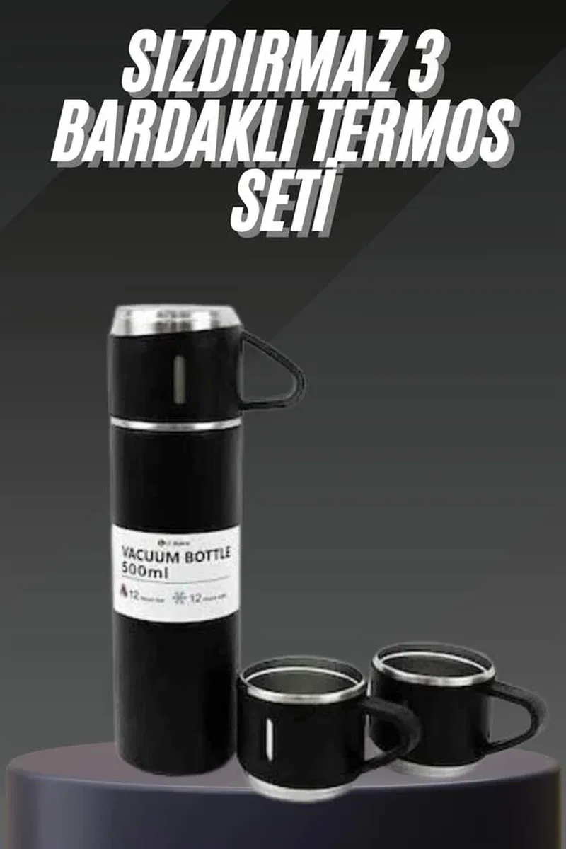 Termos Seti Paslanmaz Çelik 3 Bardaklı Vakumlu Termos Set 500 Ml 12 Saate Kadar Isı Koruma