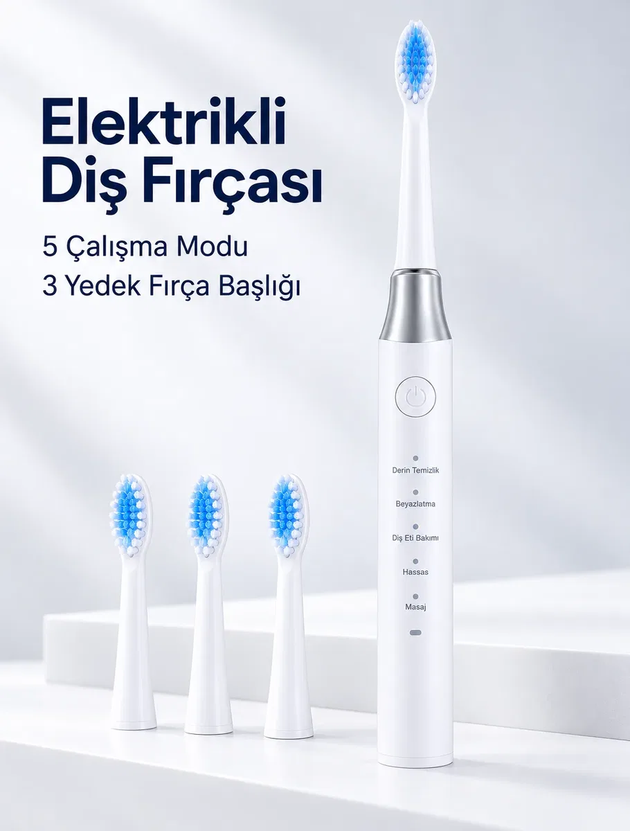 3 Yedek Başlık Hediyeli USB Şarjlı Beyaz Elektrikli Diş Fırçası