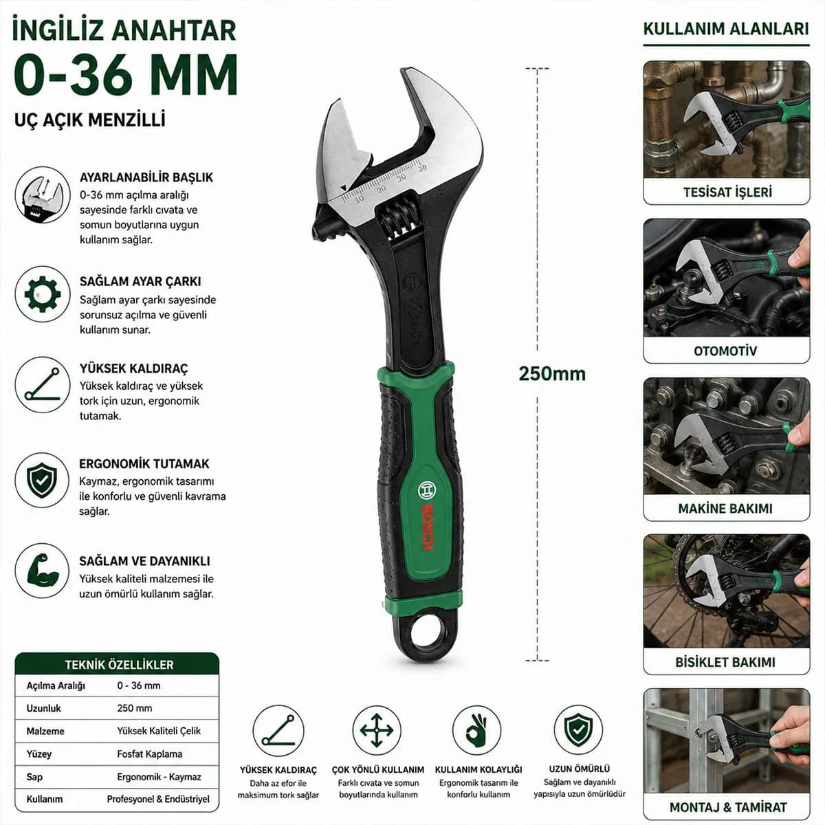 10 inç (250 mm) İngiliz Anahtarı ve Kurbağacık 6 Parça Set