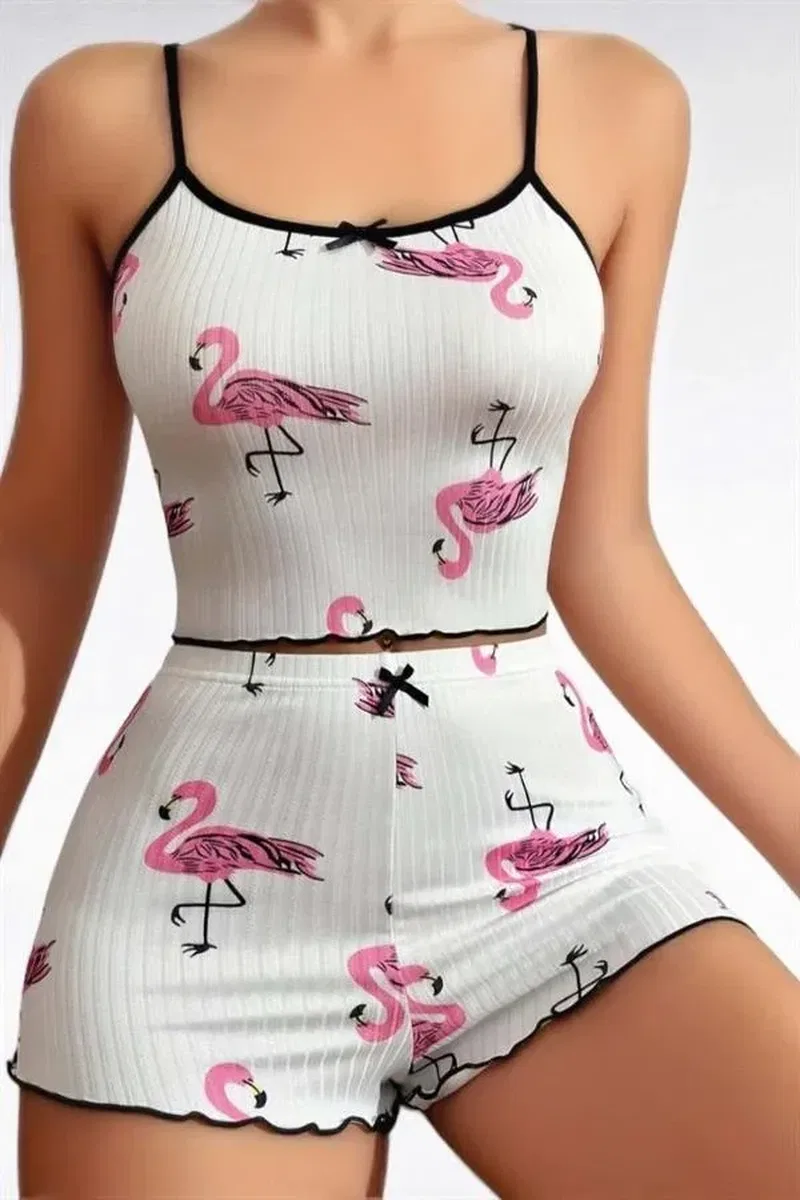 Pamuklu Beyaz Üstüne Pelikan Desen Fitilli Askılı Şortlu Pijama Takımı