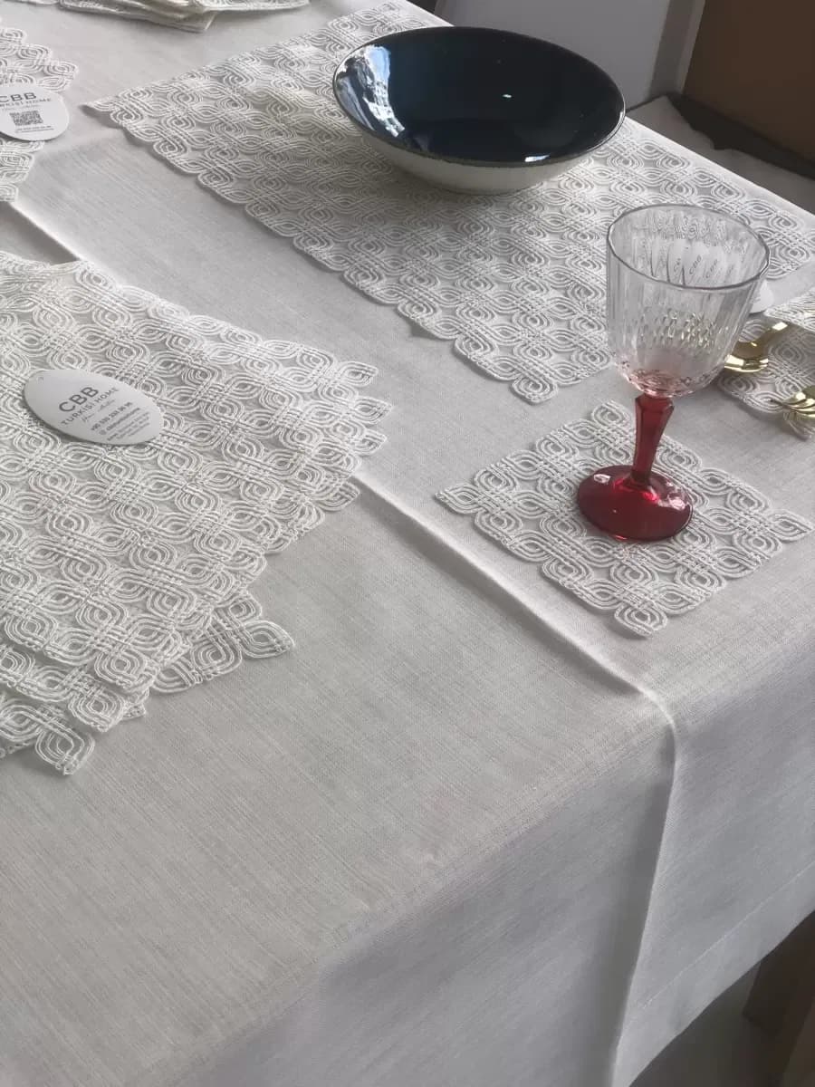 Sofra Takımı Orion Gardenya Keten Yemek Takımı 160x260 Masa Seti 26 Parça Runner Set Krem