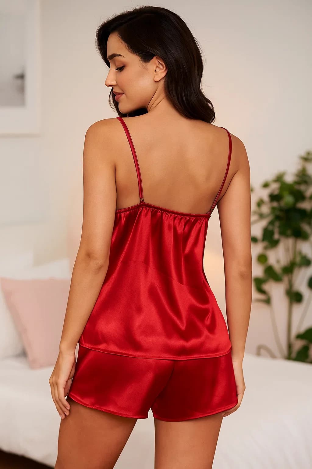 Kırmızı Dantel Detaylı Saten İkili Pijama Takımı