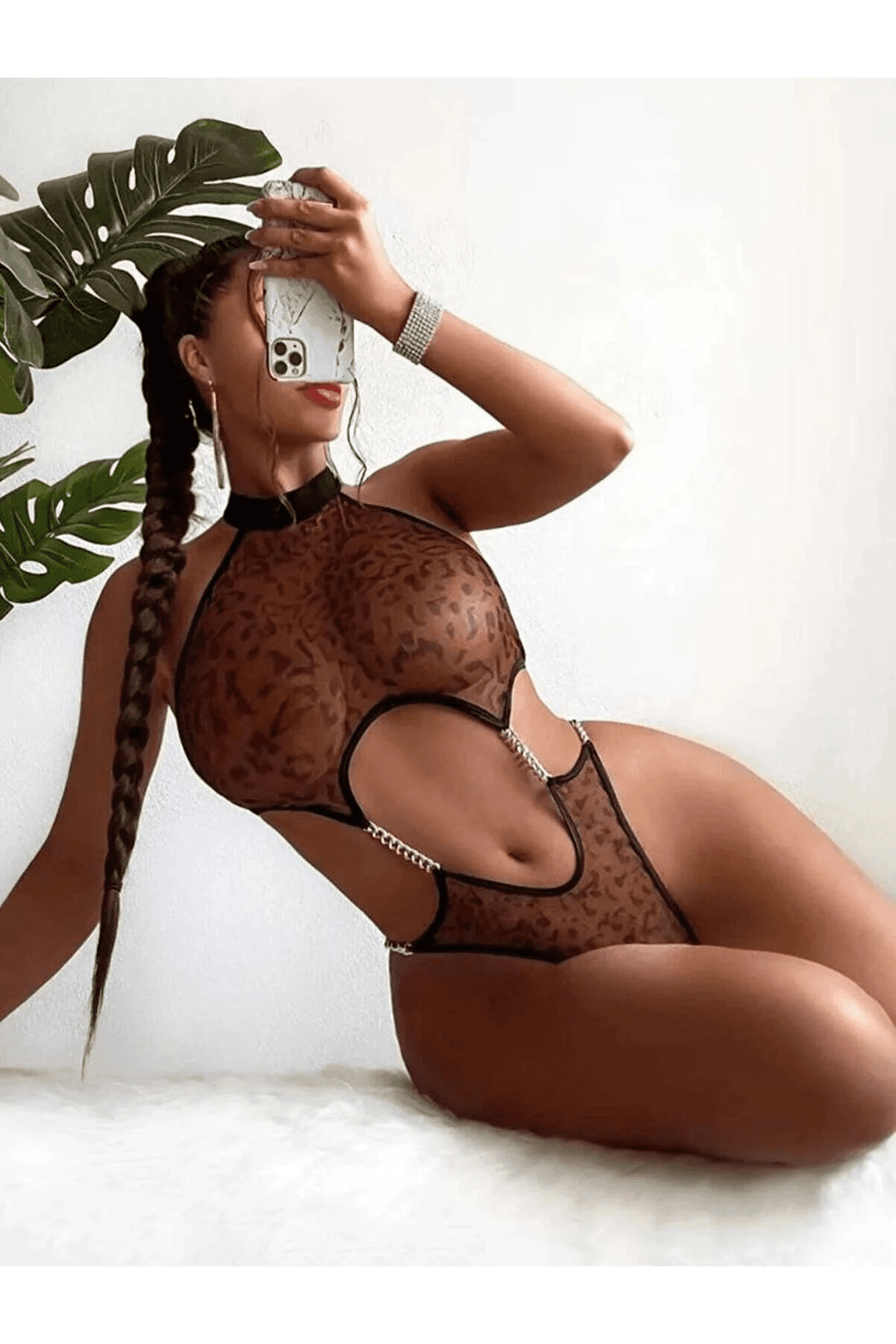 Kadın Leopar Desen Zincirli Kahverengi Seksi Babydoll Fantezi Kostüm