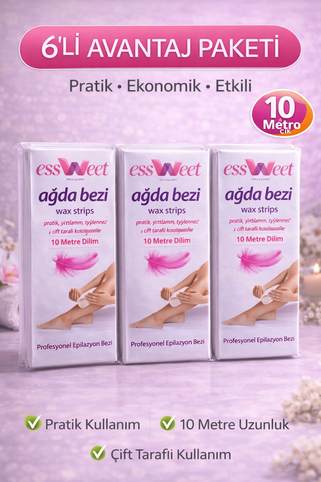 Essweet Ağda Bezi 10 Metre Dilim Profesyonel Epilasyon Bezi Çift Taraflı Kullanım Yırtılmaz Dayanıklı Ağda Bandı 6 Paket