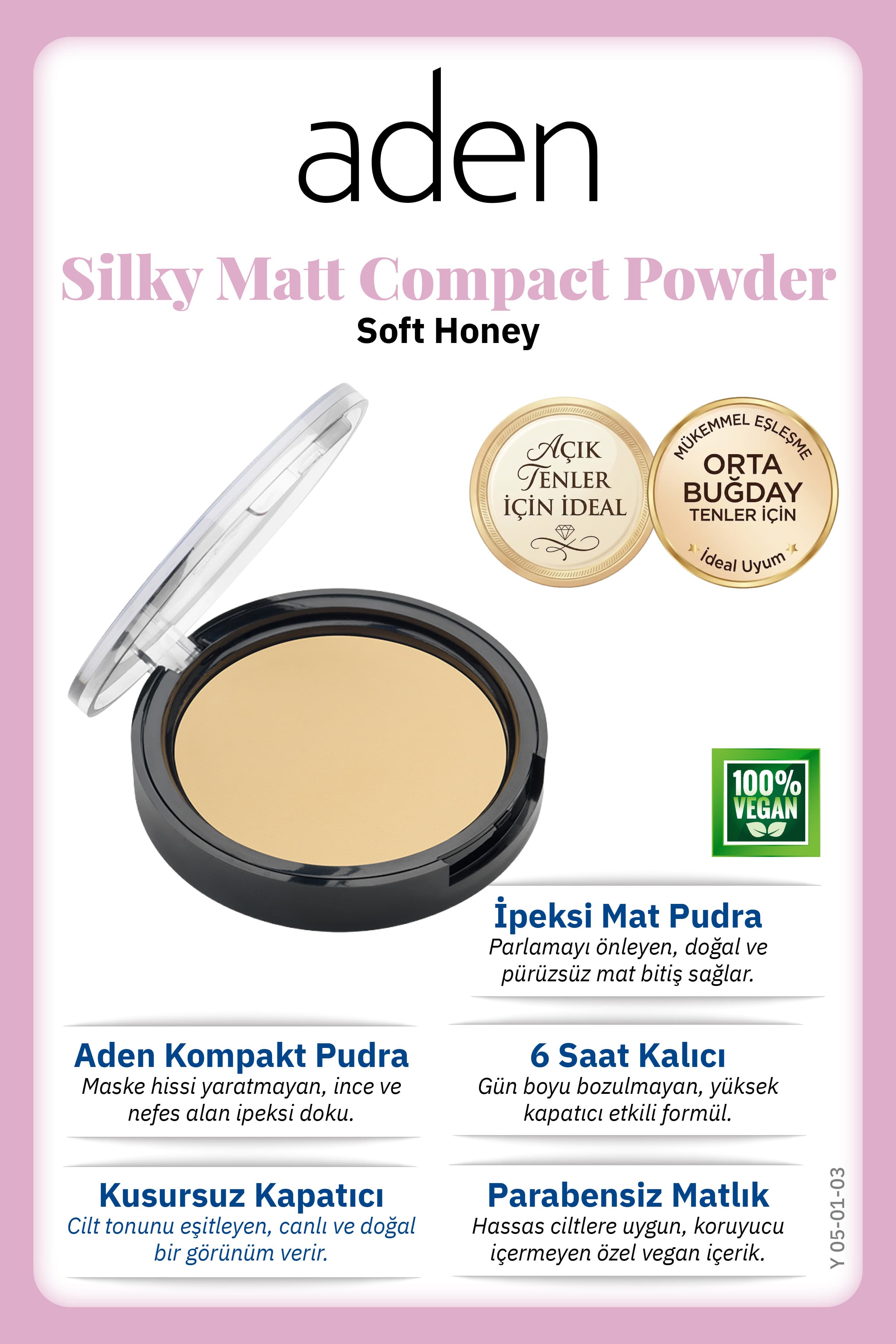 Aden Silky Matt Compact Powder - İpeksi Mat Pudra 03 Soft Honey(Açık Bal)