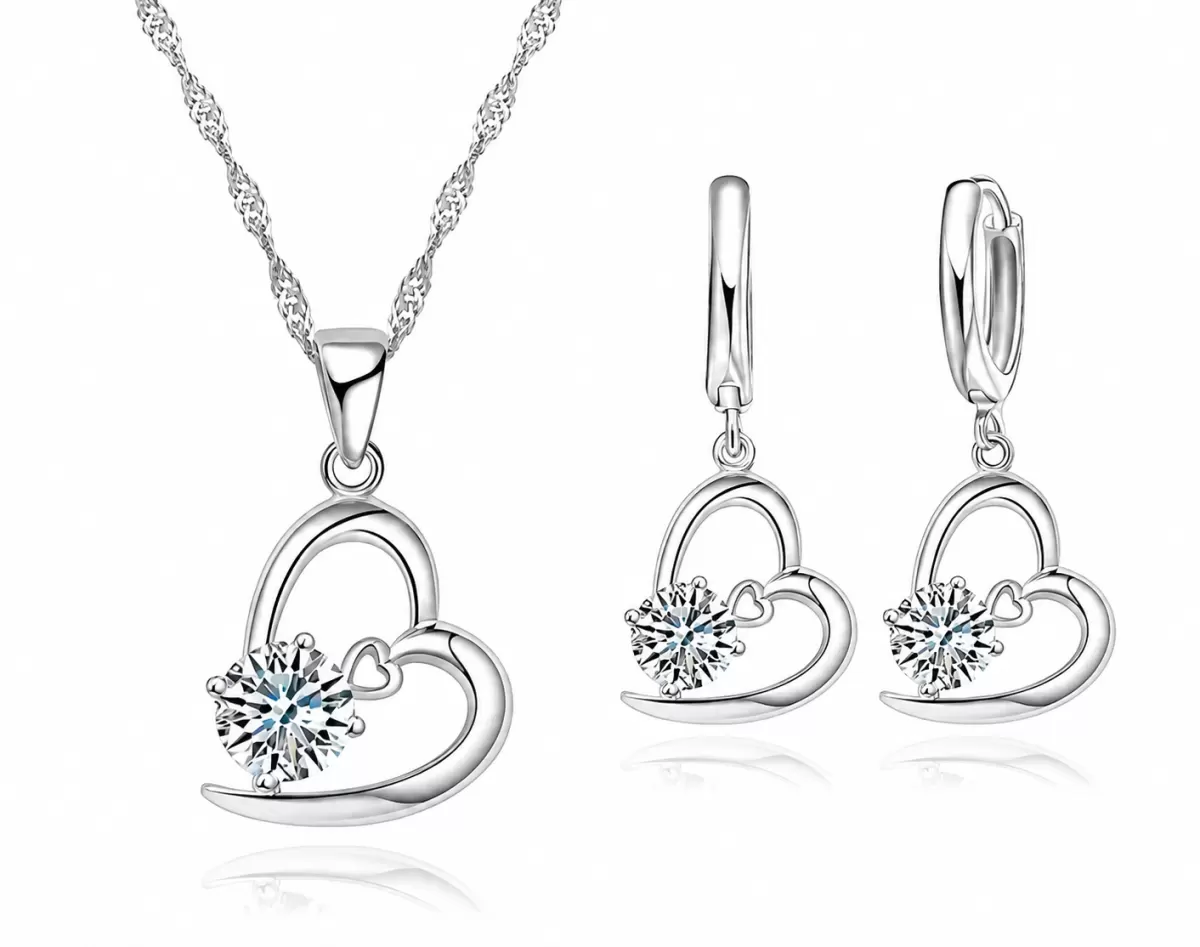 925 Ayar Kalp İçinde Kalp Taşlı Gümüş Kolye Küpe Set-Beyaz