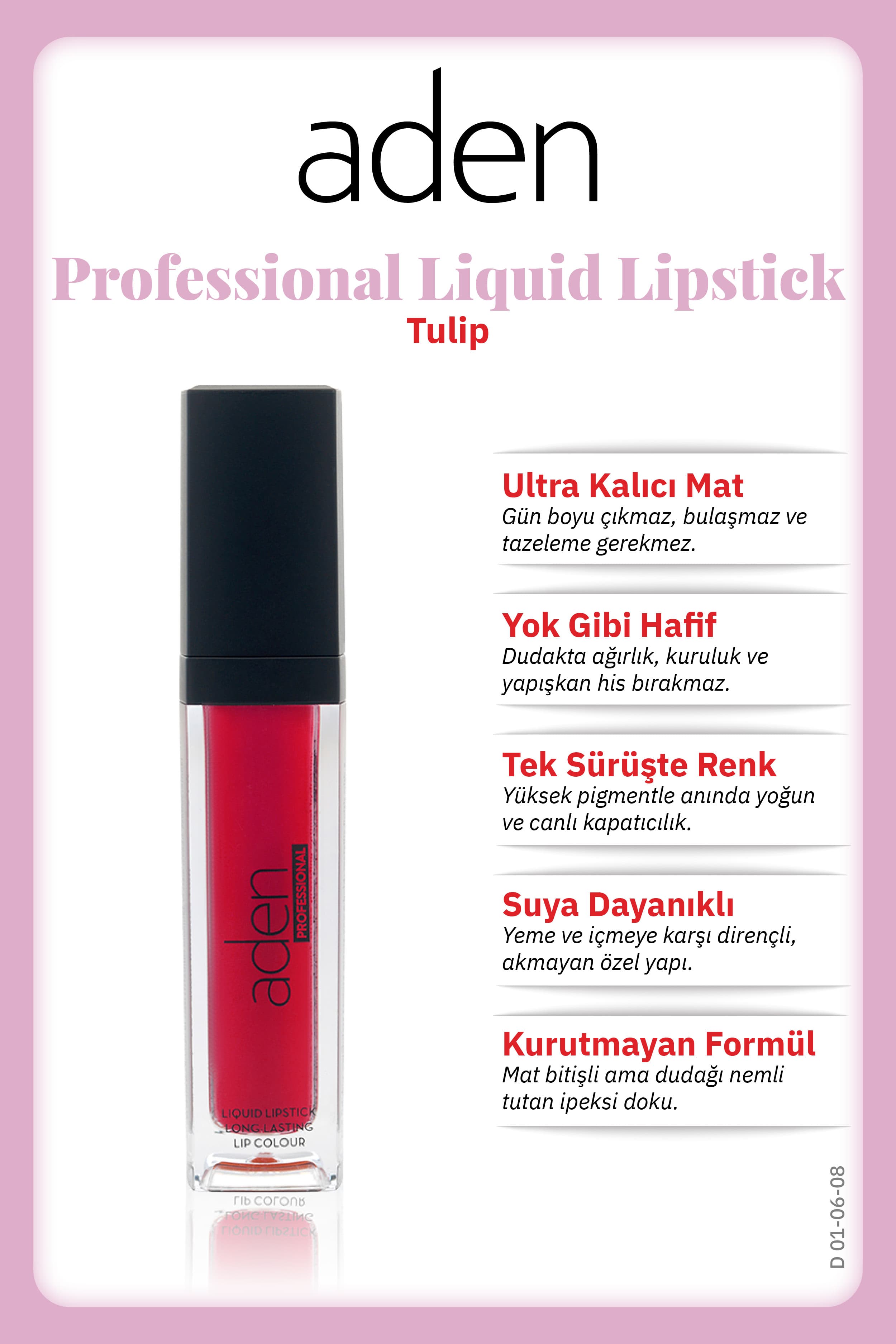 Aden Professional Liquid Lipstick - Profesyonel Likit Ruj 08 Tulip(Kırmızı)