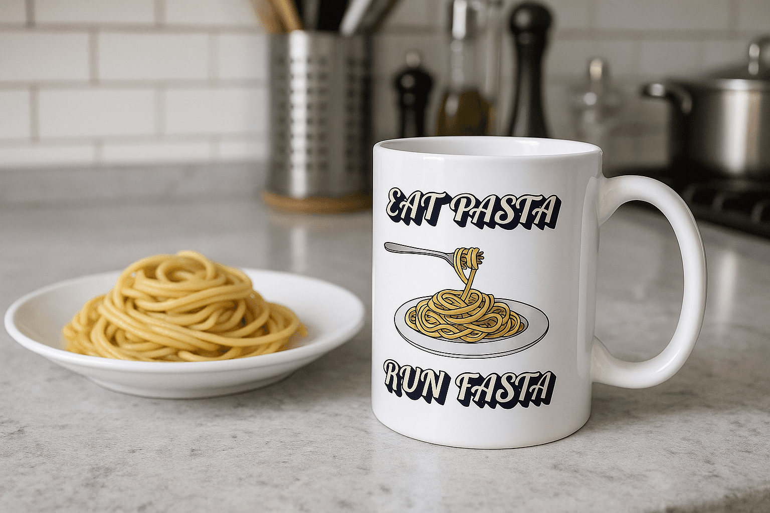 Eat Pasta Run Fasta Yazılı Kupa Model 209 Makarna Temalı Komik Tasarım Seramik Kahve Kupası