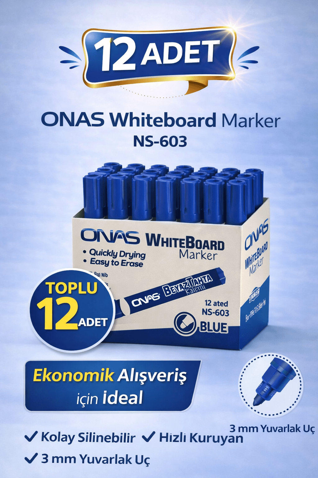 ONAS Whiteboard Marker NS-603 Mavi Tahta Kalemi 3 mm Yuvarlak Uç 12 Adet