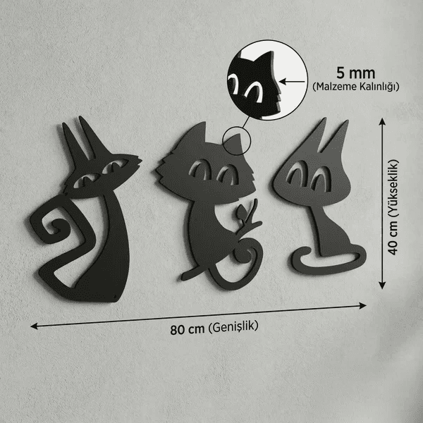 3’lü Dekoratif Kedi Duvar Tablosu MDF Lazer Kesim Modern Duvar Süsü Minimal Kedi Figürlü Dekor