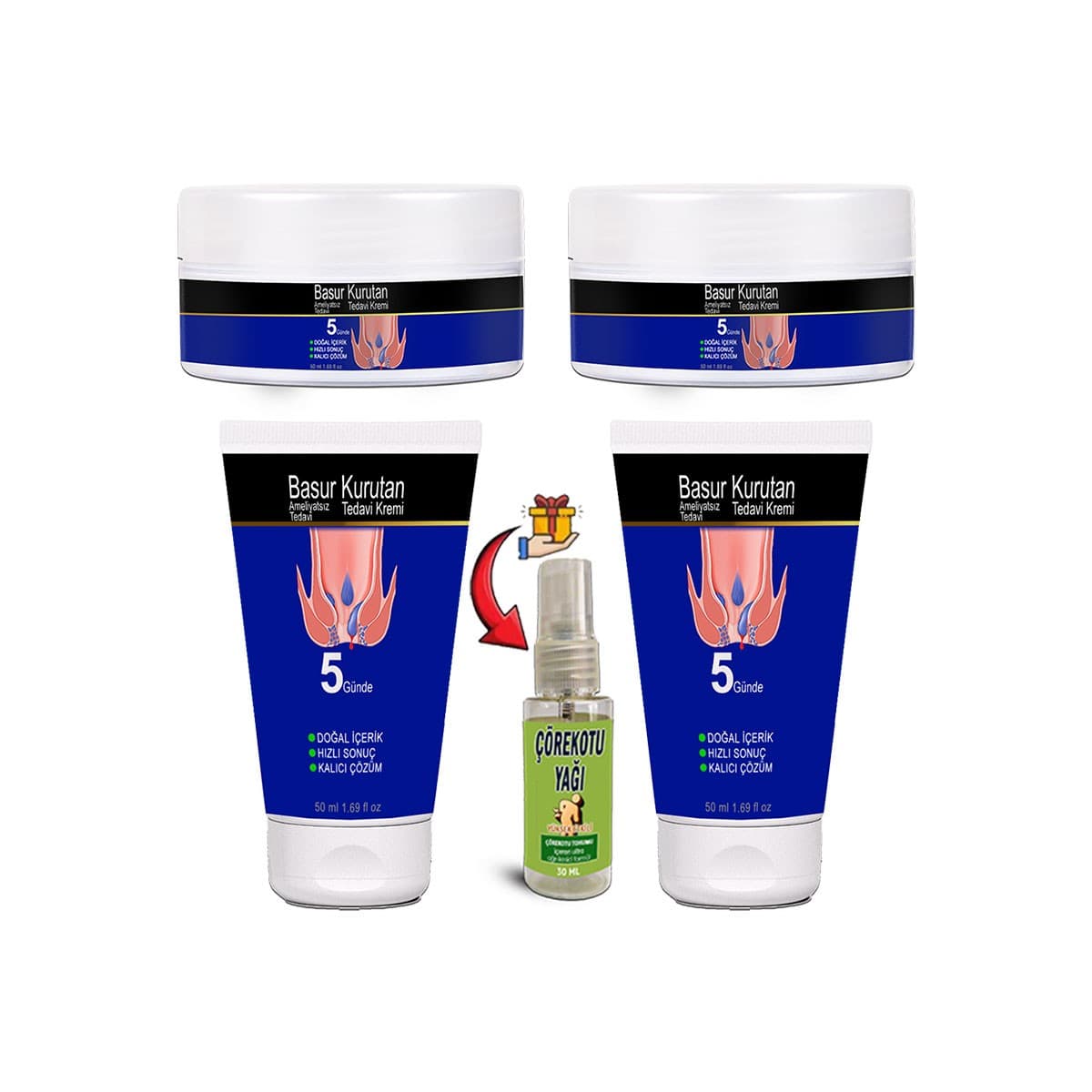 BasurKurutan Kremi 2 Adet Aslanpençesi Kestane Hellebore Ekstraktlar (50 ml) Set + Çörekotu Yağı