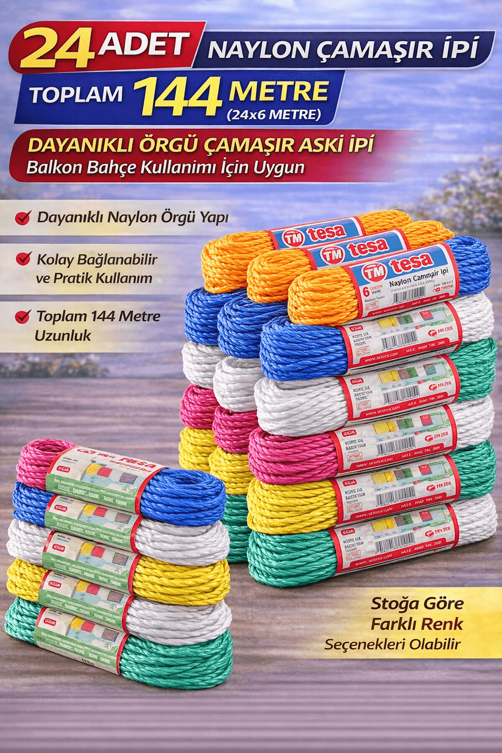 24 Adet Naylon Çamaşır İpi 6 Metre Dayanıklı Örgü Çamaşır Askı İpi Toplam 144 Metre