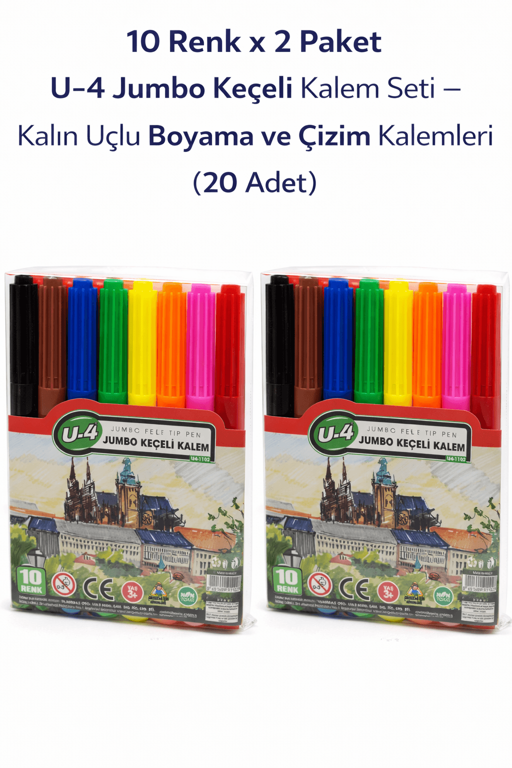 U-4 Keçeli Kalem 10 Renk x 2 Paket – Kalın Uçlu Boyama ve Çizim Kalemi Seti (20 Adet)