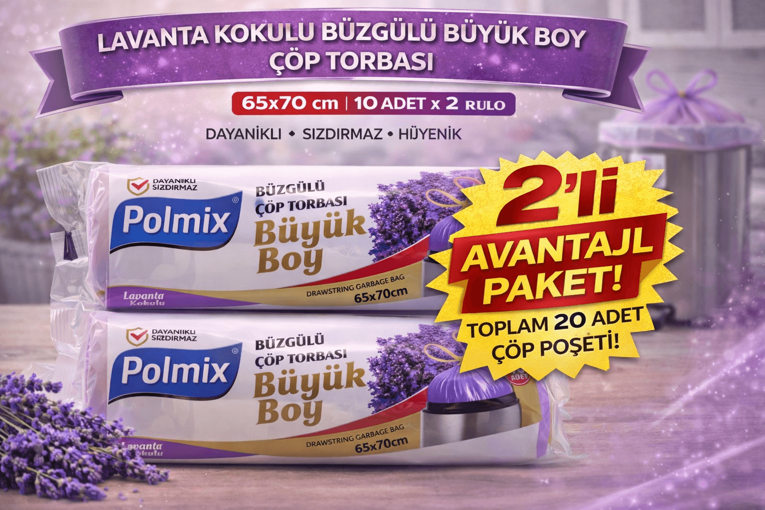 Polmix Lavanta Kokulu Büzgülü Çöp Torbası Büyük Boy 65x70 cm 10'lu 2 Paket Dayanıklı Sızdırmaz Çöp Poşeti
