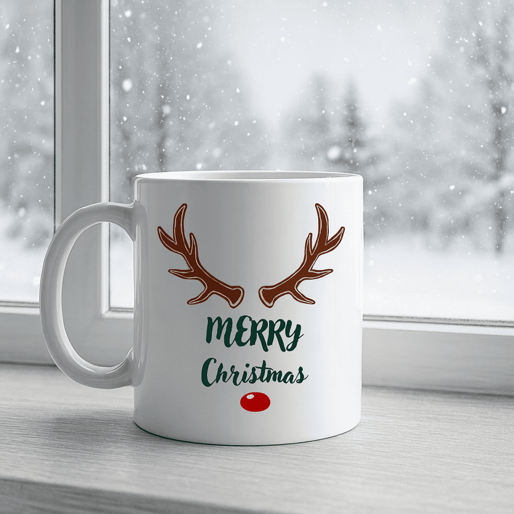 Merry Christmas Yazılı Geyik Boynuzlu Yılbaşı Kupası Model 212 Baskılı Seramik Kahve Kupası