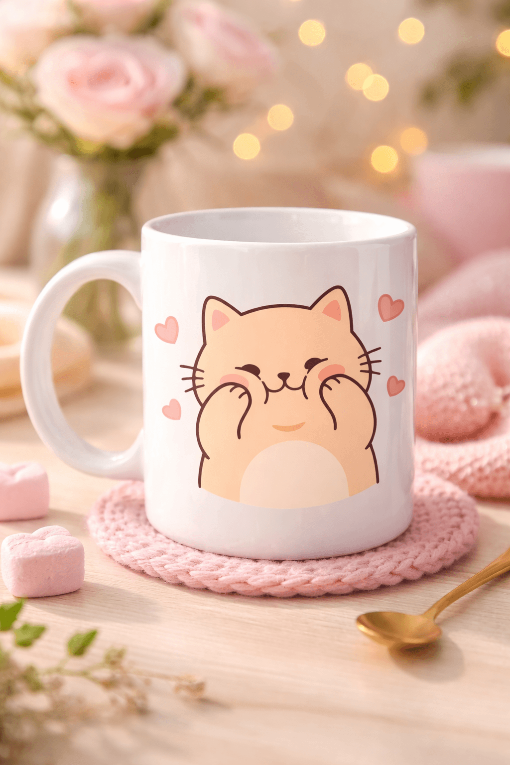 Sevimli Kedi Tasarımlı Porselen Kupa MODEL 193 – Kalpli Cute Cat Baskılı Kahve Kupası – Sevgiliye Hediye Sevimli Kupa