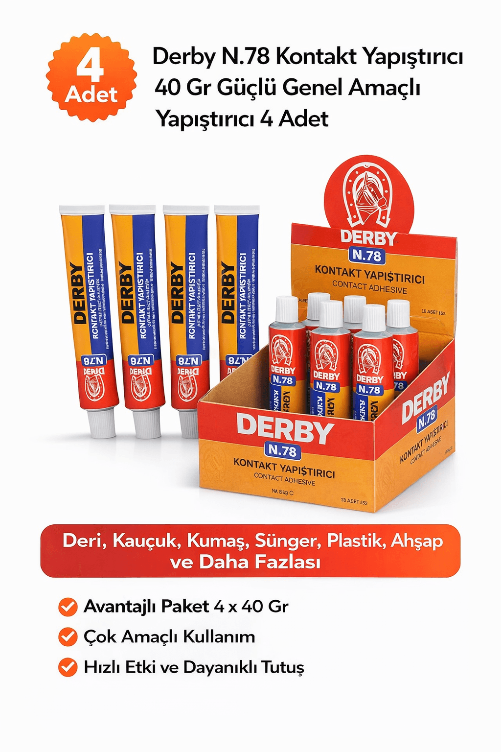 Derby N.78 Kontakt Yapıştırıcı 40 Gr Güçlü Genel Amaçlı Yapıştırıcı 4 Adet
