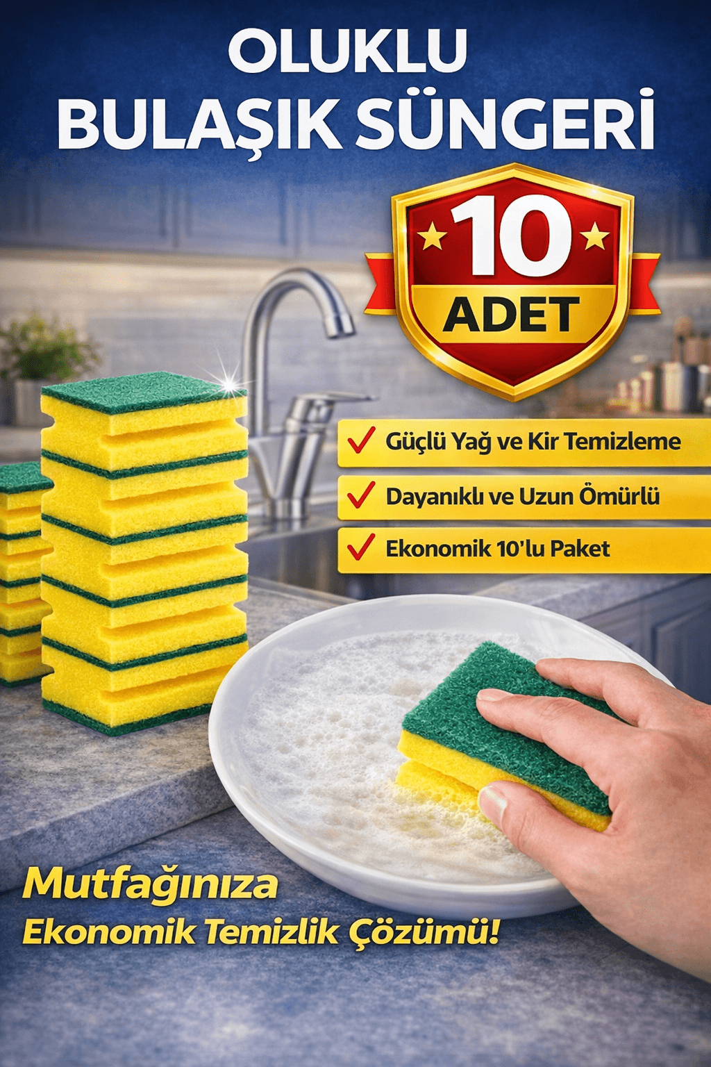 Oluklu Bulaşık Süngeri 5'li 2 Paket Güçlü Yağ ve Kir Temizleyici Çift Katmanlı Dayanıklı Mutfak Temizlik Süngeri