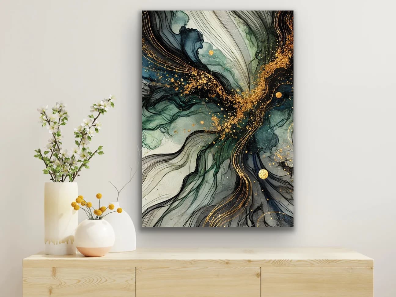 Yeşil Mavi Gold Soyut Kanvas Tablo 70x100cm