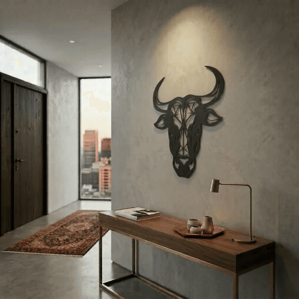 Geometrik Boğa Duvar Tablosu MDF Lazer Kesim Modern Duvar Süsü Minimal Boğa Figürlü Dekor