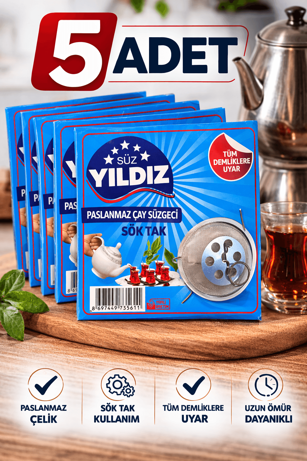 5 Adet Paslanmaz Çelik Çaydanlık Demlik Süzgeci Sök Tak Çay Süzgeci Tüm Demliklere Uyumlu Çaydanlık Filtresi