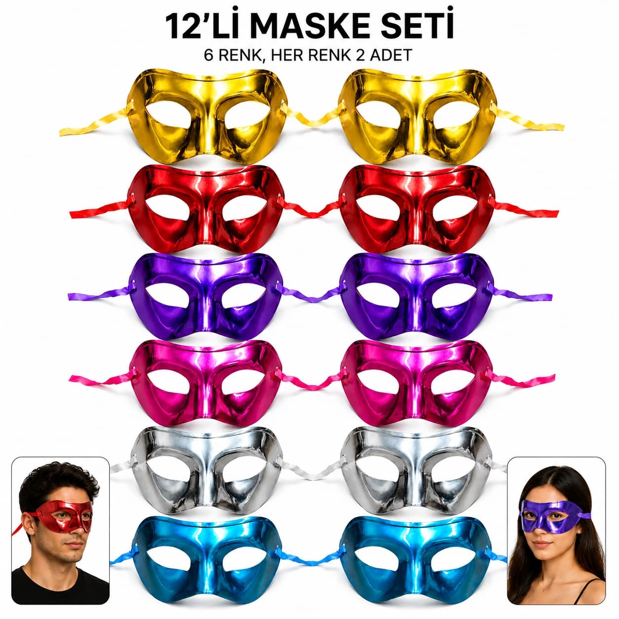 12'li Metalik Venedik Parti Maskesi Seti – 6 Renk Karışık