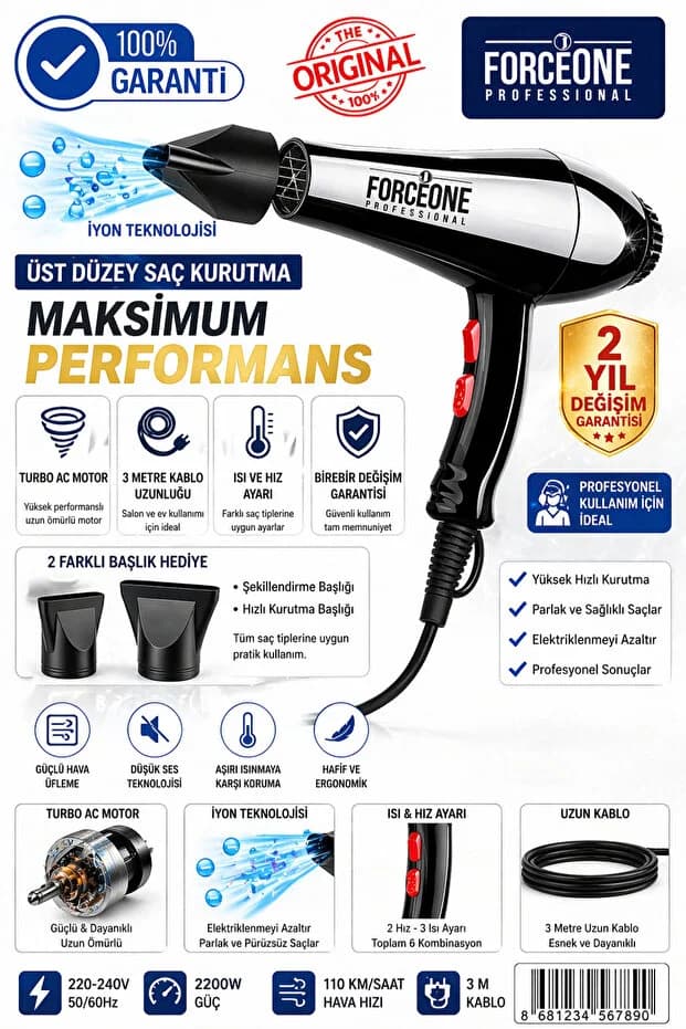 Kuaför Tipi Pro 5500 Turbo Profesyonel Saç Krutma Ve Fön Makinesi 2200-2400 Wat