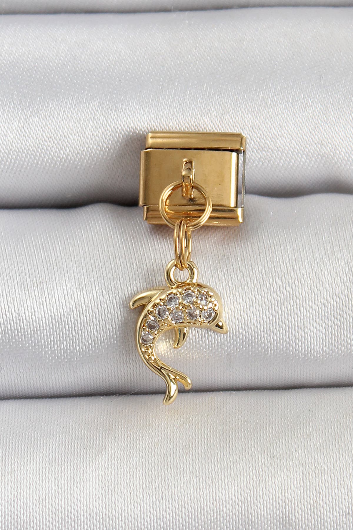 316L Çelik Sallantılı Zirkon Taşlı Yunus Balığı Model Gold Renk Charm