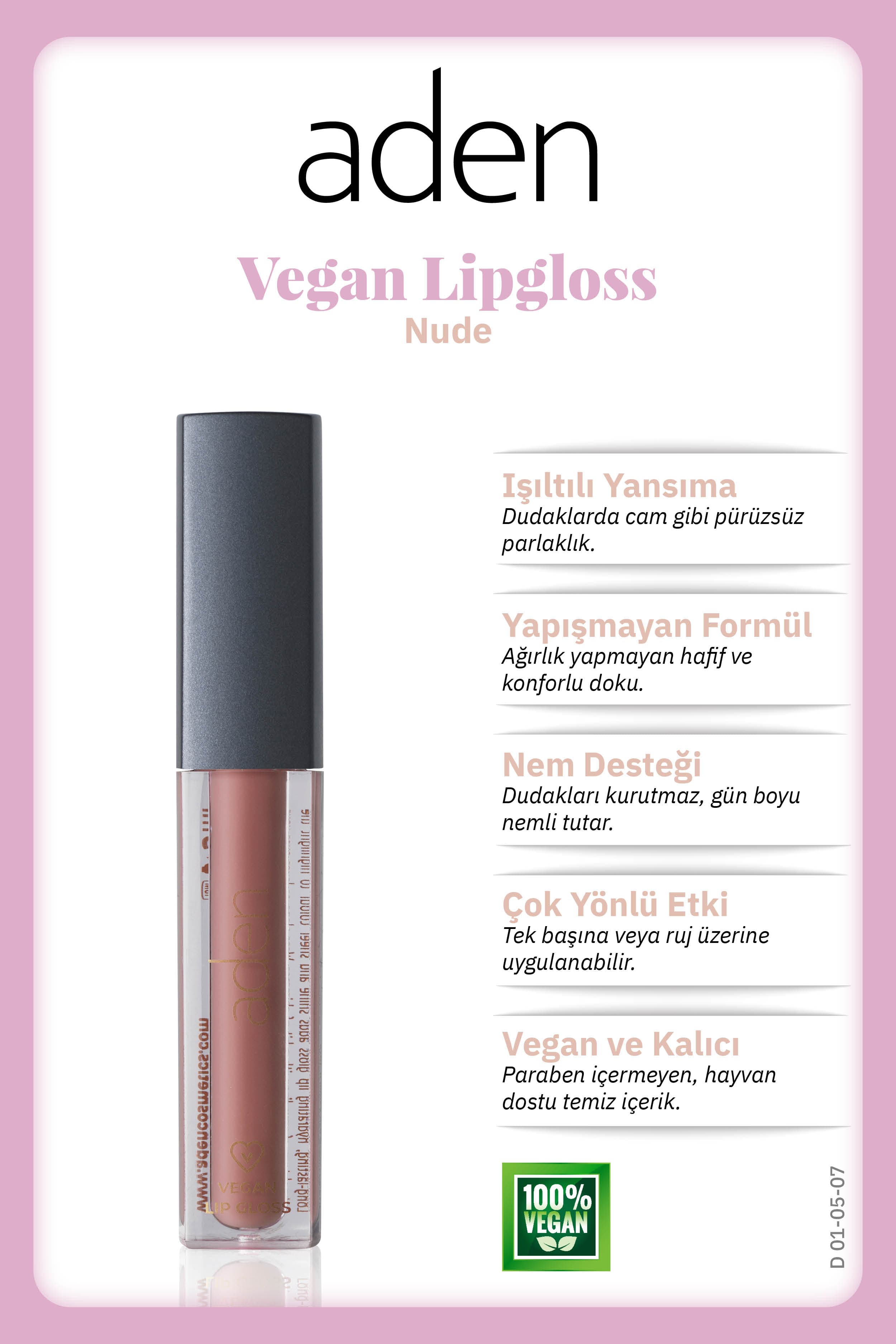 Aden Vegan Lipgloss - Vegan Dudak Parlatıcısı 07 Nude(Ten)