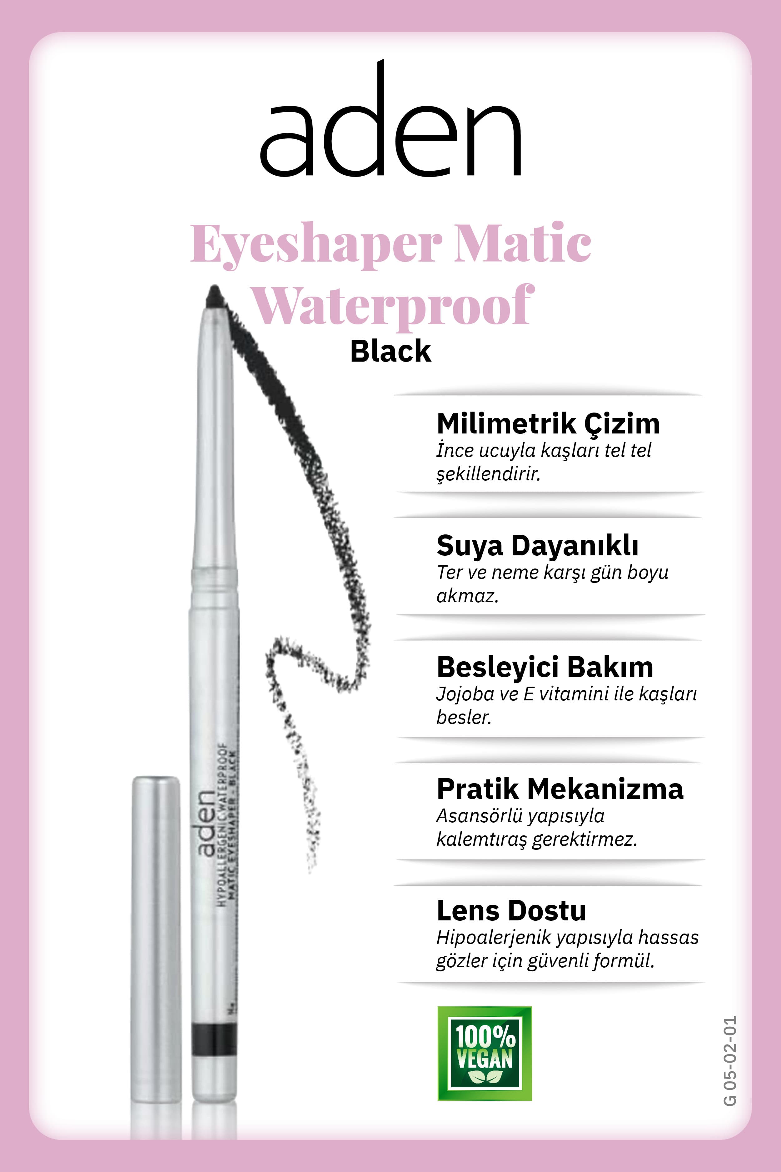 Aden Waterproof Matic Eyeshaper - Asansörlü Göz Kalemi 01 Black(Siyah)