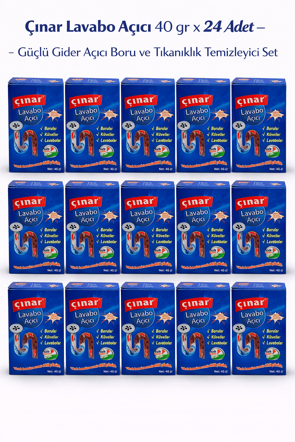 Çınar Lavabo Açıcı 40 gr x 24 Adet – Profesyonel Güçlü Gider Açıcı Tıkanıklık Temizleyici Set