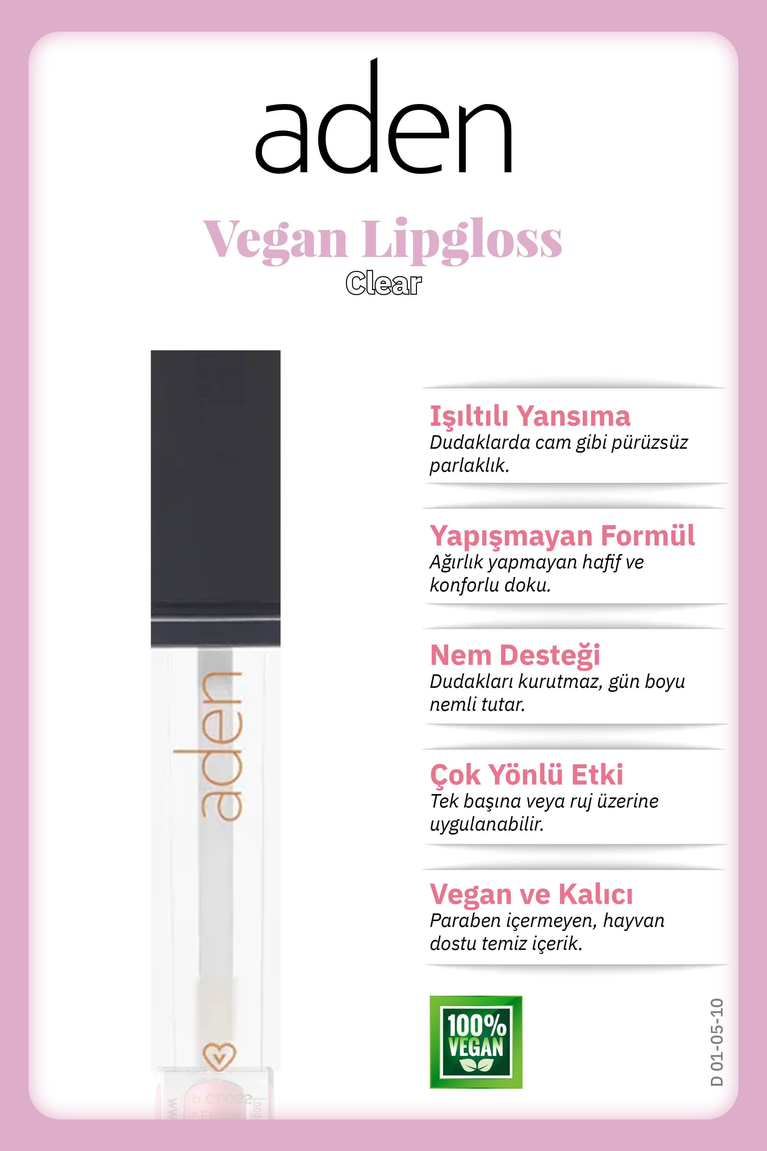 Aden Vegan Lipgloss - Vegan Dudak Parlatıcısı 10 Clear(Şeffaf)