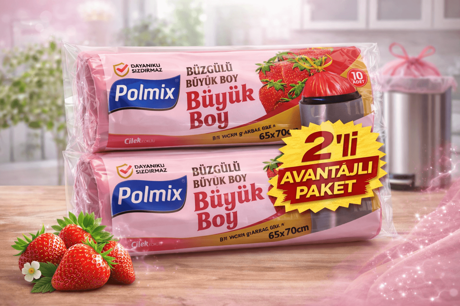 Polmix Çilek Kokulu Büzgülü Büyük Boy Çöp Torbası 65x70 cm 10'lu 2 Paket Dayanıklı Sızdırmaz Çöp Poşeti