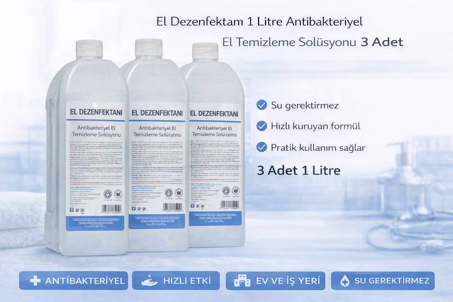 El Dezenfektanı 1 Litre Antibakteriyel El Temizleme Solüsyonu 3 Adet