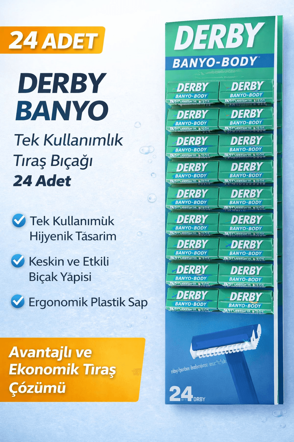 Derby Banyo Tek Kullanımlık Tıraş Bıçağı 24 Adet Paket Plastik Saplı Ekonomik Tıraş Jileti