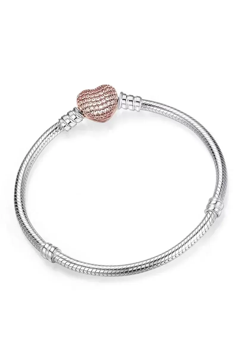 Bileklik 925 Ayar Charm Uyumlu Pave Taşlı Kalp Gümüş Sevgililer Günü Hediye 16 Cm