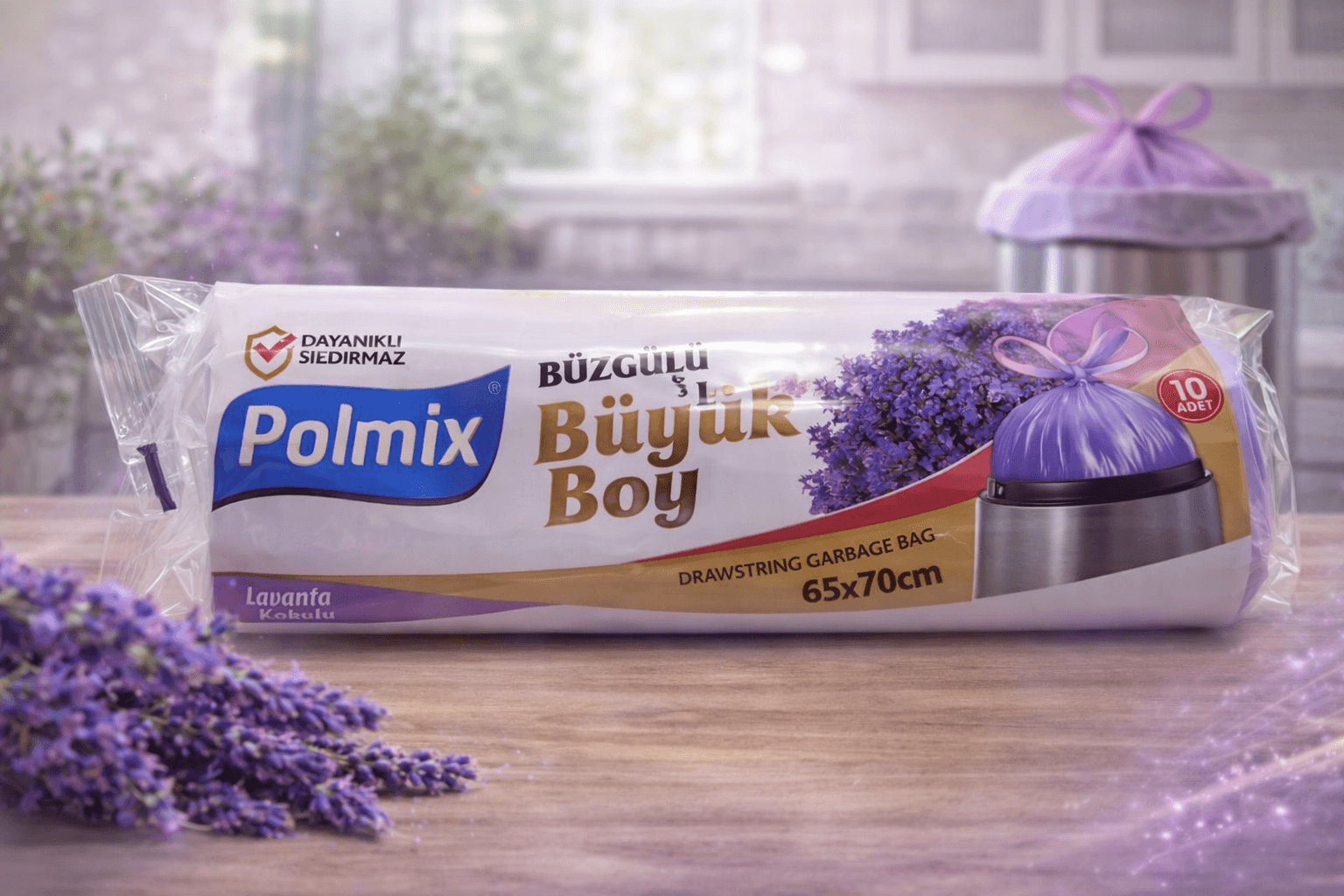 Polmix Lavanta Kokulu Büzgülü Çöp Torbası Büyük Boy 65x70 cm 10'lu 1 Paket Dayanıklı Sızdırmaz Çöp Poşeti