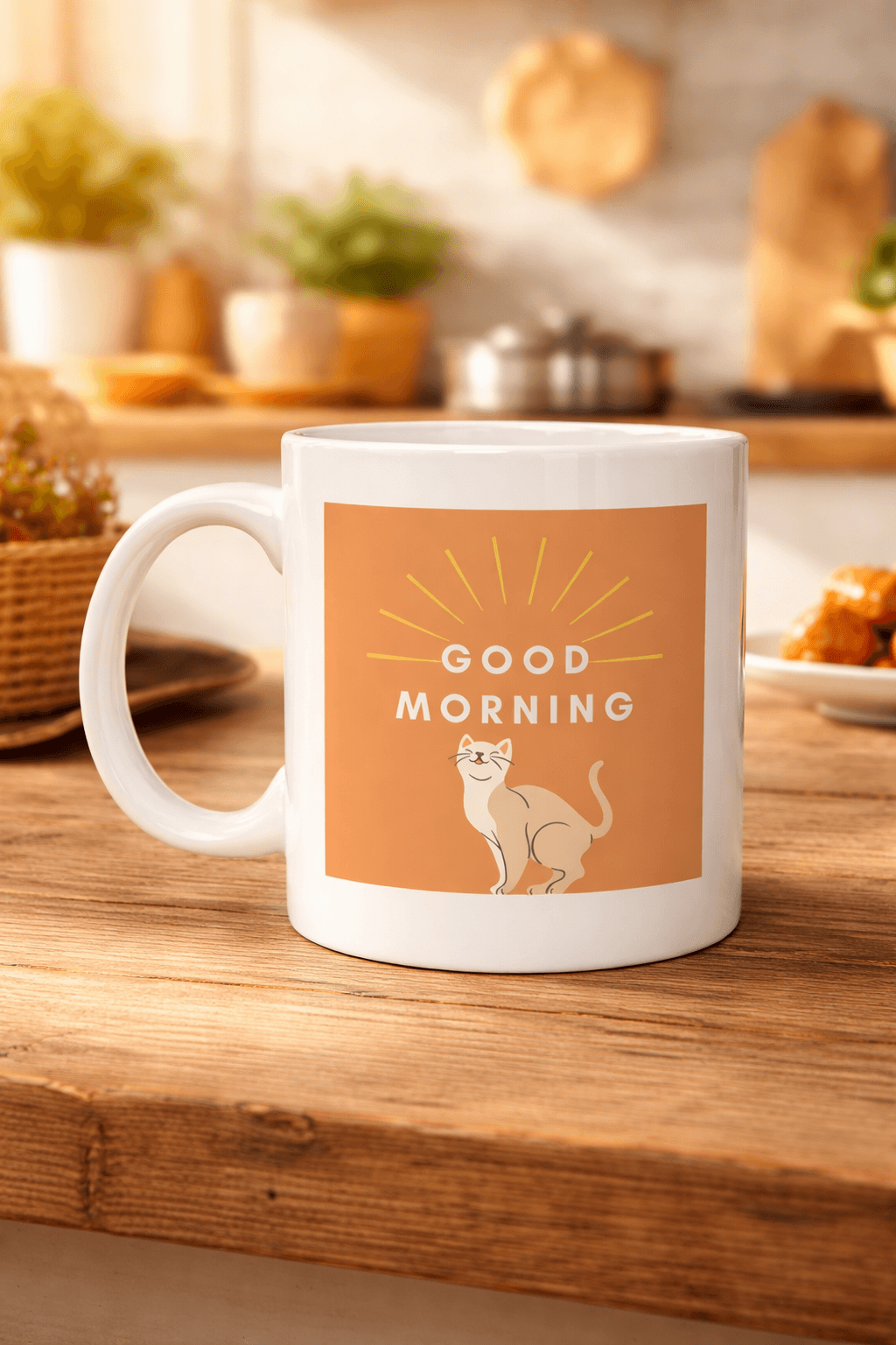 Good Morning Kedi Desenli Porselen Kupa MODEL 72 – Sevimli Kedi Figürlü, Kahve & Çay Kupası, Hediyelik Porselen Bardak