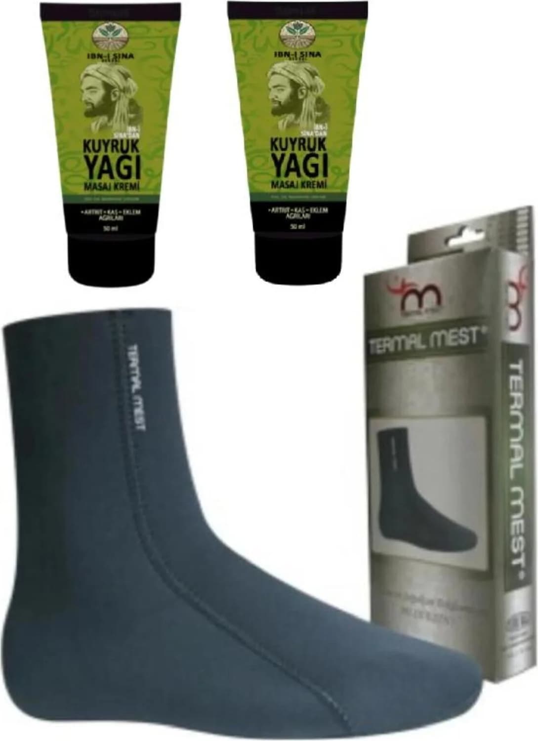 Süper Ibni Sina Kuyruk Yağı Masaj Kremi 2 x 50 ml Su ve Isı Geçirmeyen Mest Çorap (S)