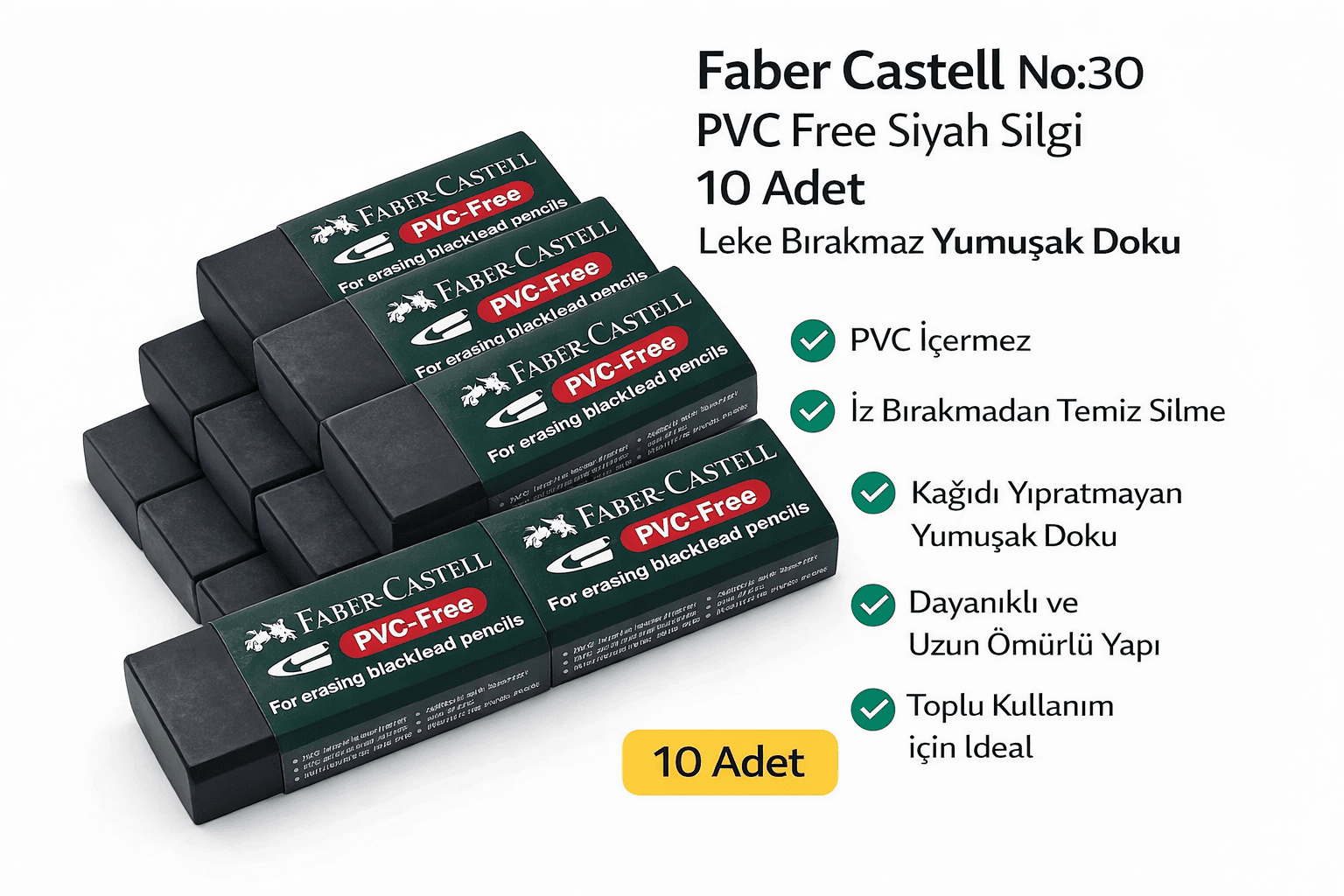 No:30 PVC Free Siyah Silgi 10 Adet Leke Bırakmaz Yumuşak Doku