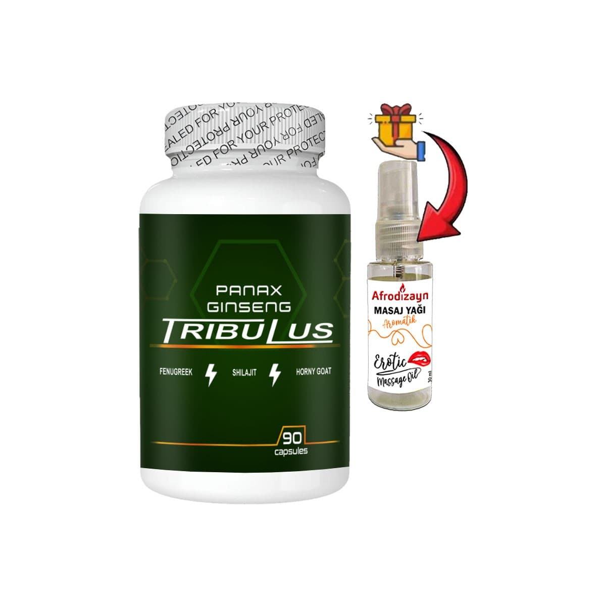 Panax 1 Kutu Panax Ginseng Tribuluslu Fenugreekli Shilajitli Hornygoatlı 90 lı Caps + Afrodizayn Yağ