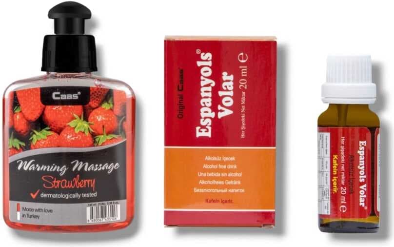 Caas Çilek Aromalı  Isıtıcılı Cinsel Masaj Yağı 100 ml + Espanyols Volar Kadınlara Özel Damla