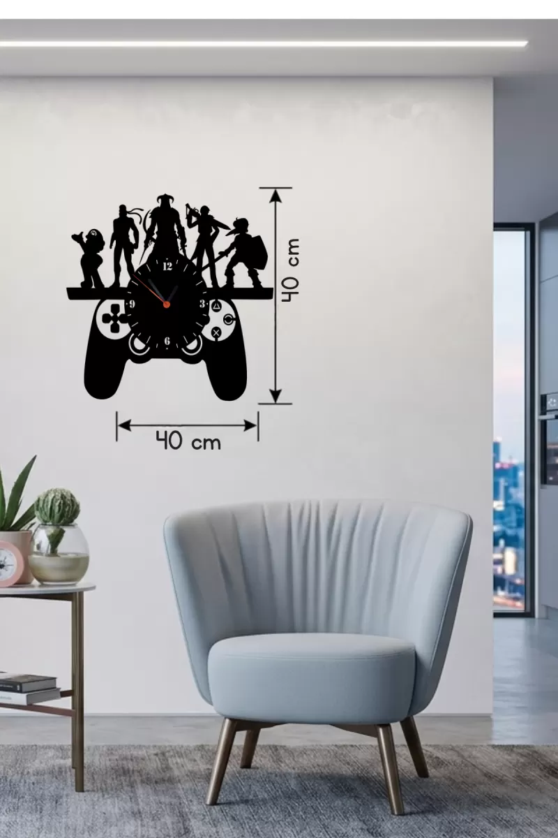 Gamer Oyun Odası Dekoratif Duvar Saati - 40x40 cm Lazer Kesim Ahşap Joystick ve Oyun Karakterli Saat