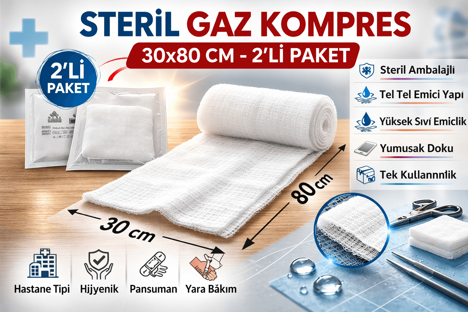 Steril Gaz Kompres 30x80 cm 2'li 1 Paket Tel Tel Spanç Steril Gazlı Bez Yara Bakım Kompresi
