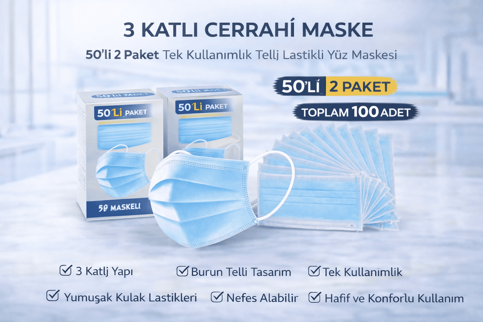 3 Katlı Cerrahi Maske 50'li 2 Paket Tek Kullanımlık Telli Lastikli Yüz Maskesi Toplam 100 Adet