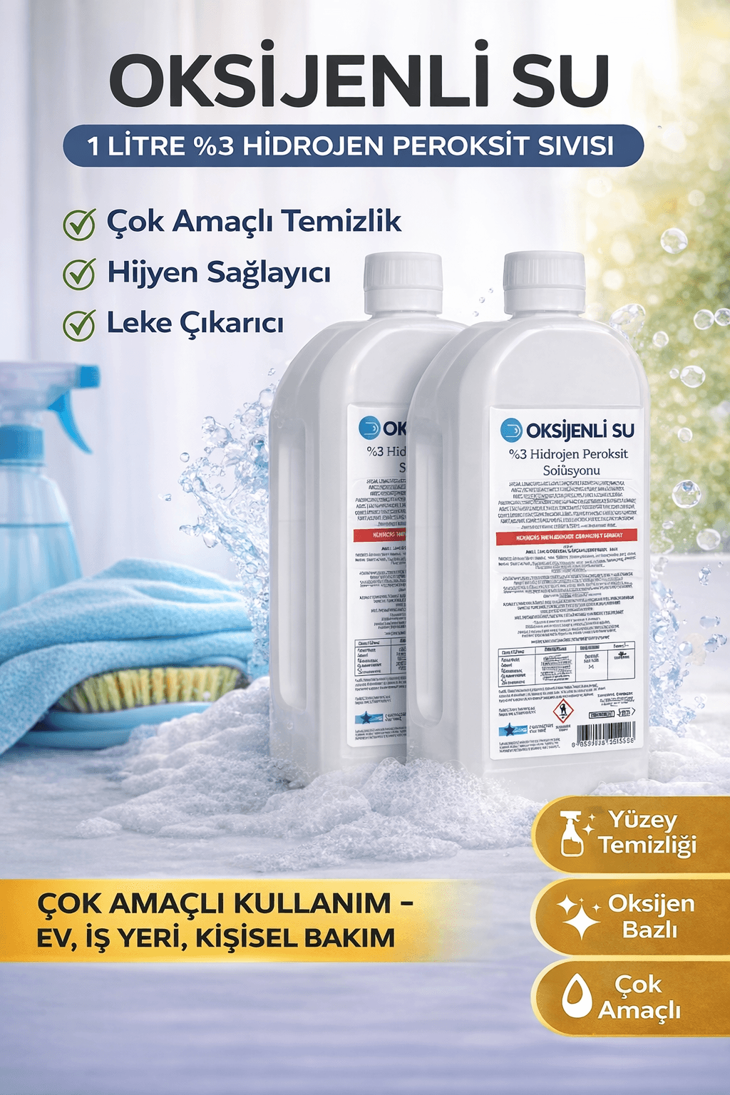 Oksijenli Su 1 Litre 2 Adet Set %3 Hidrojen Peroksit Solüsyonu Çok Amaçlı Temizlik ve Hijyen Sıvısı