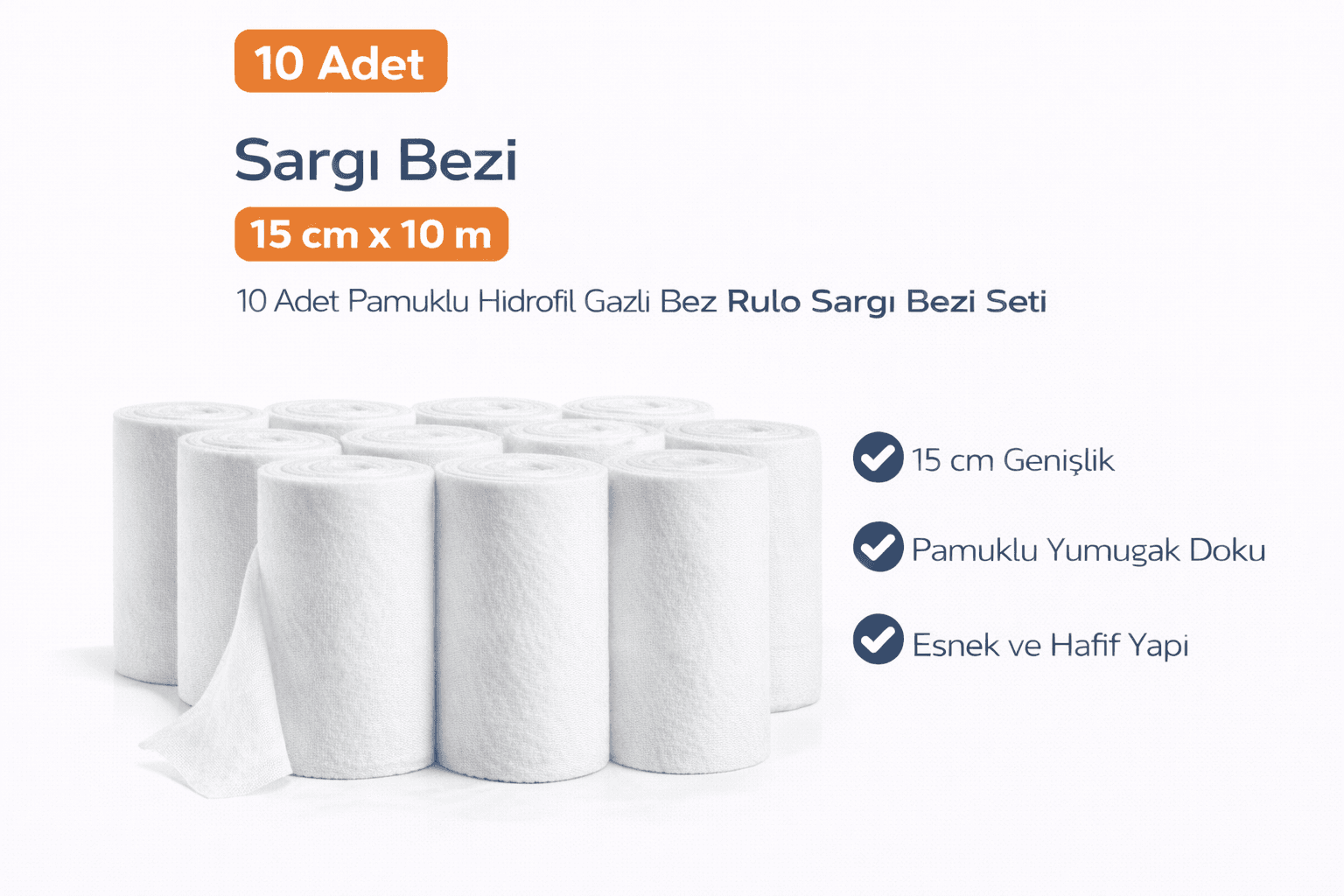 Sargı Bezi 15 cm x 10 m 10 Adet Pamuklu Hidrofil Gazlı Bez Rulo Sargı Bezi